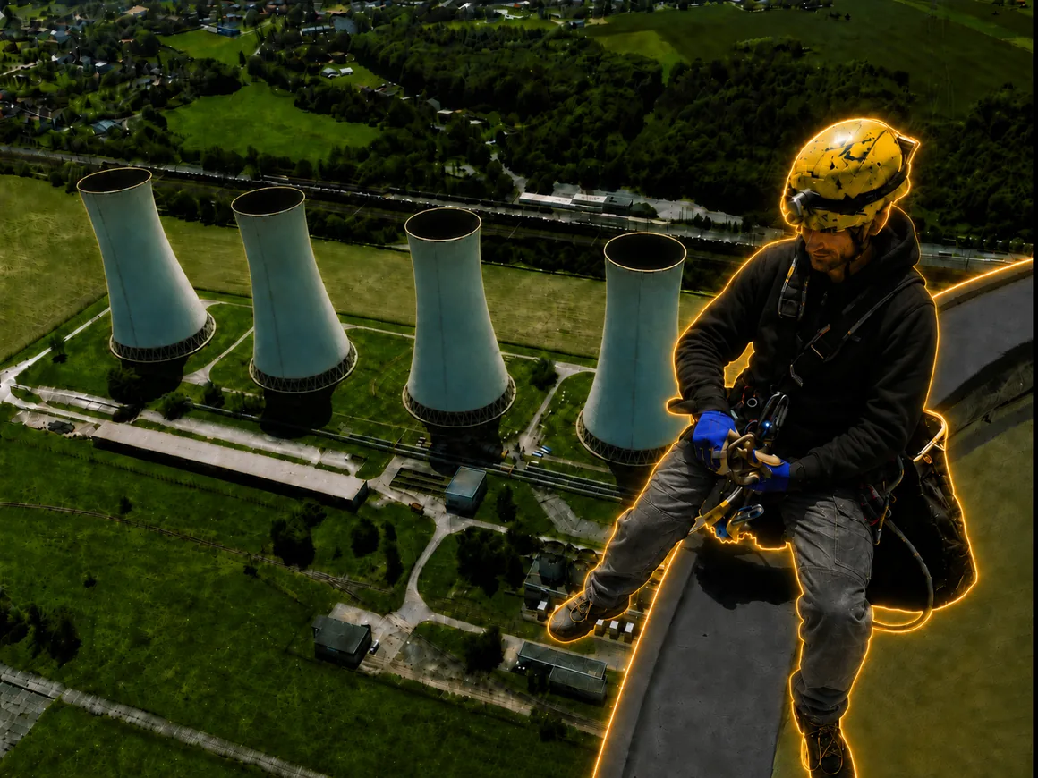 Výškový pracovník ve visu na laně vysoko nad areálem elektrárny se čtyřmi chladicími věžemi, Dětmarovice